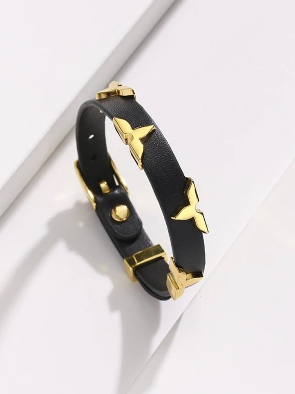 NEW Black Faux Leather Gold Tone Floral Studs Bracelet